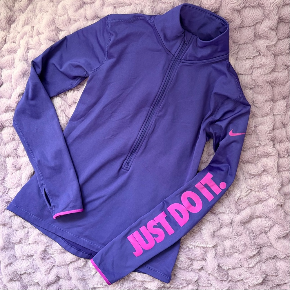 Nike Pro Purple Half-Zip Top with Pink 'JUST DO IT.' Sleeve